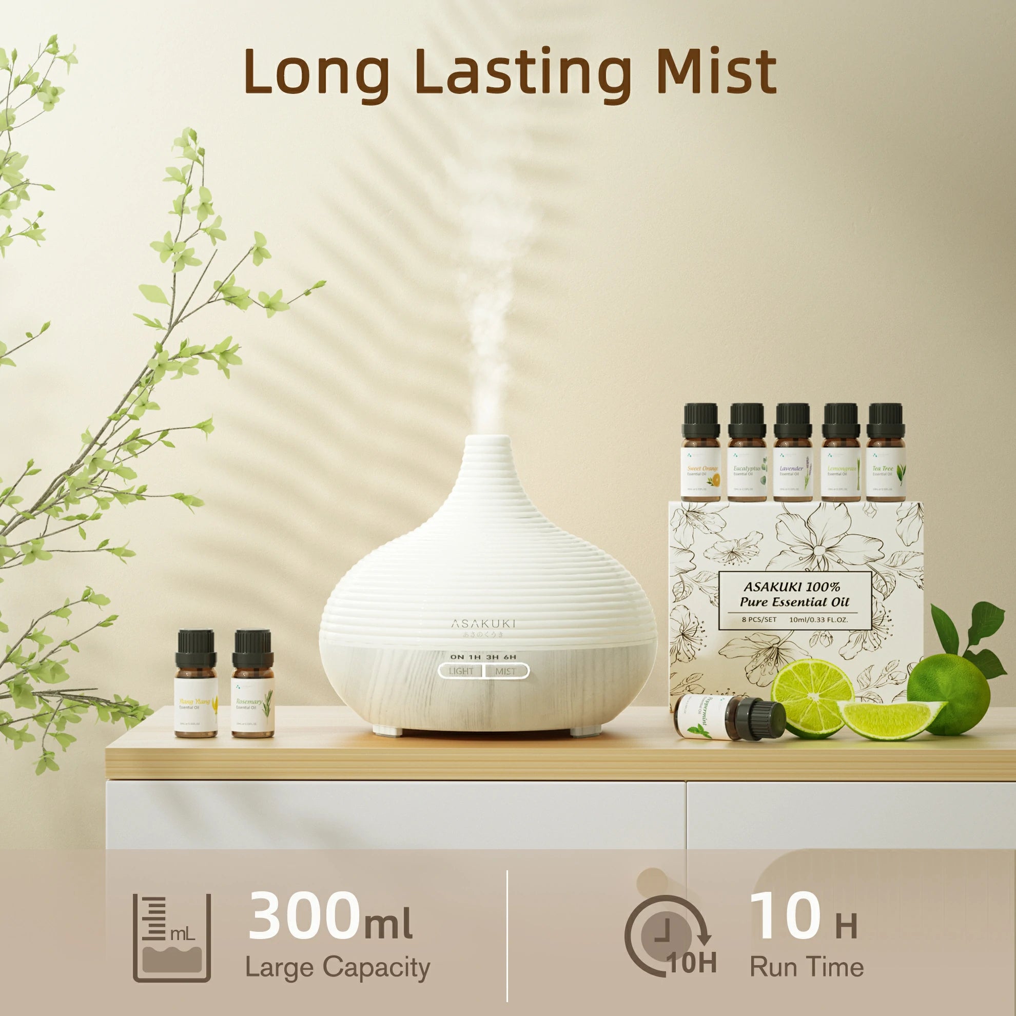 Spring White Wood Diffuser with 8pcs*10ml Oils
