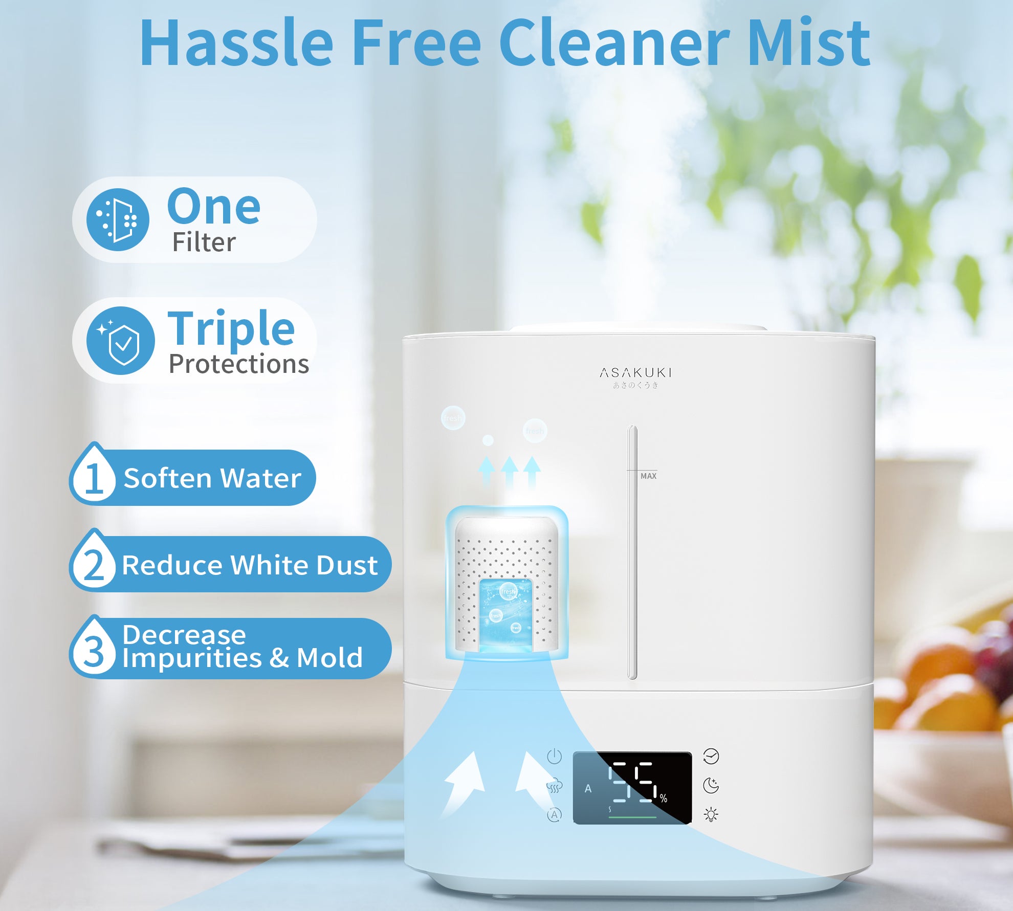 ASAKUKI 4L Top Fill Cool Mist Ultrasonic Humidifier - Asakuki