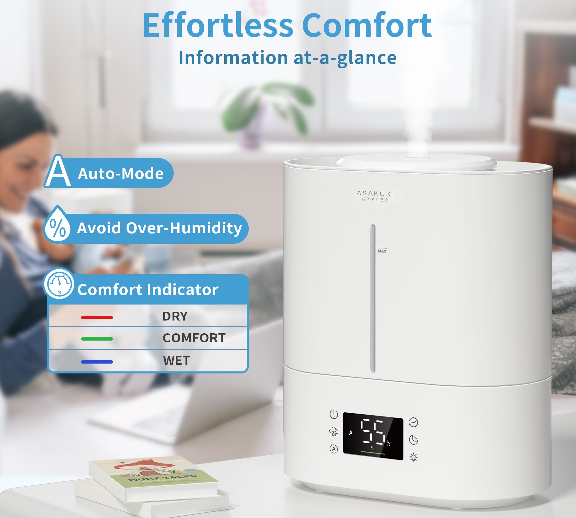 ASAKUKI 4L Top Fill Cool Mist Ultrasonic Humidifier - Asakuki