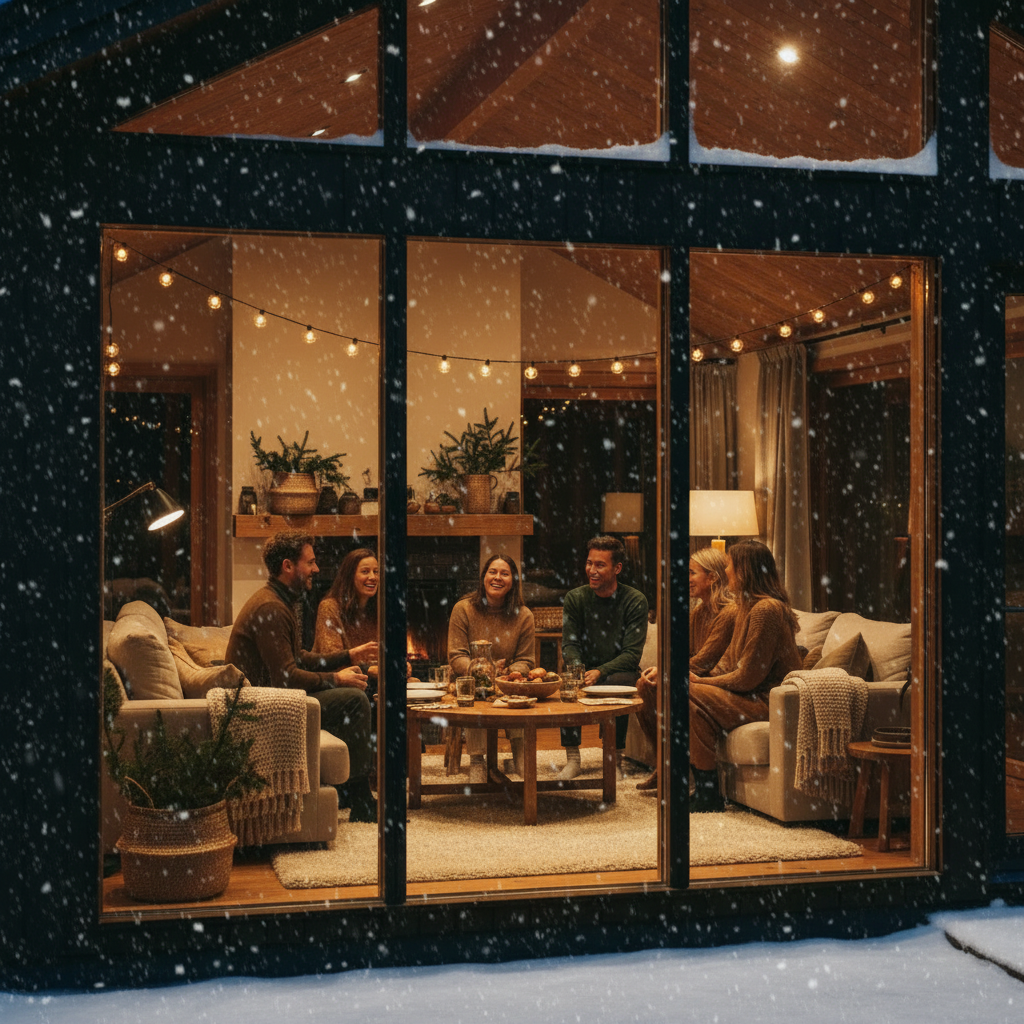 Cozy Gathering with Snow Outside